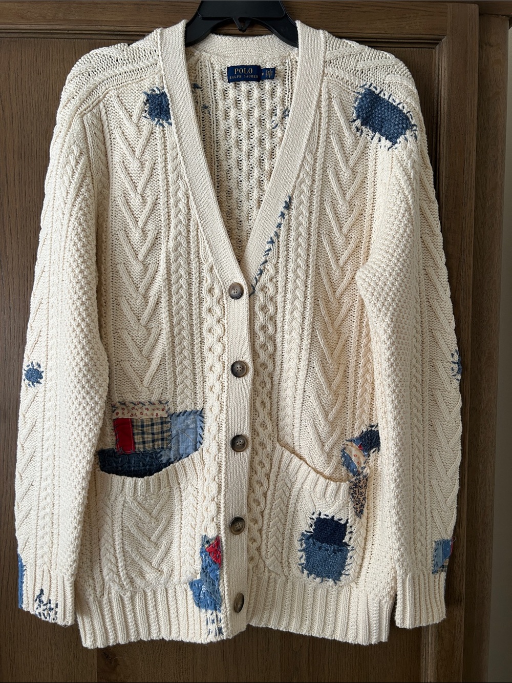 Rare Polo Ralph Lauren Women’s Cotton Cable Patchwork Cardigan Pockets Elbow M - Picture 3 of 14